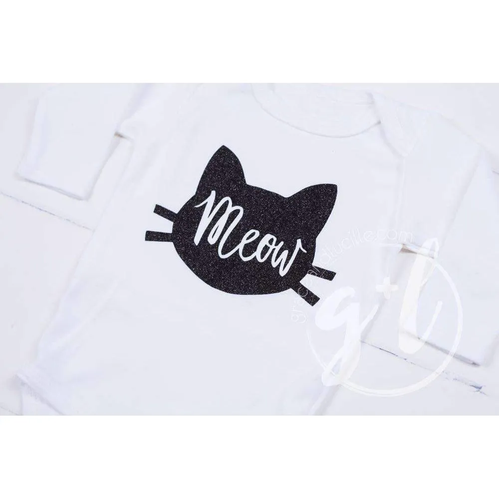 Halloween Black Cat "Meow" Long Sleeve Onesie & Orange Sequin Bow on Black Stripe Headband