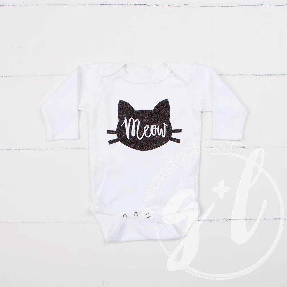 Halloween Black Cat "Meow" Long Sleeve Onesie & Orange Sequin Bow on Black Stripe Headband