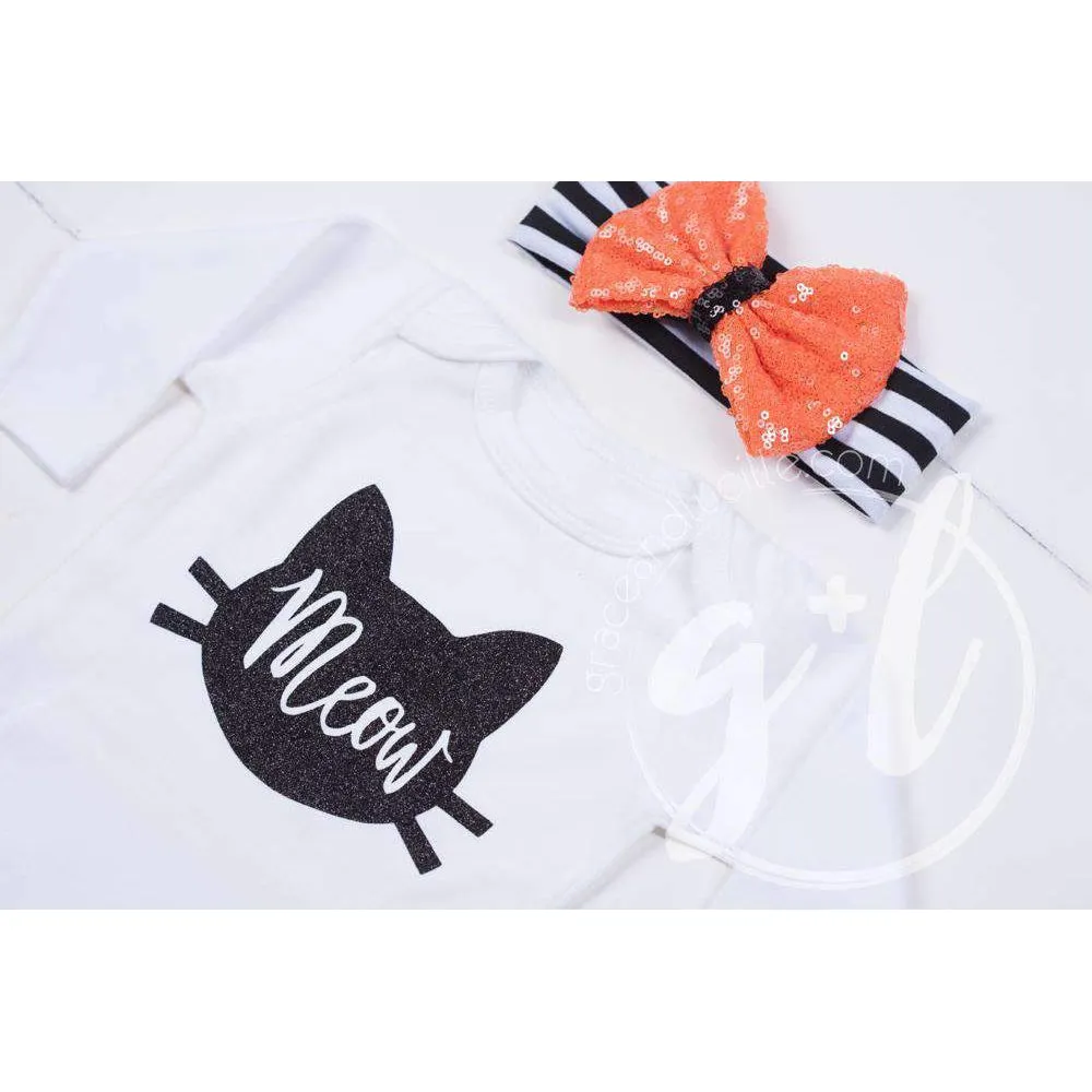 Halloween Black Cat "Meow" Long Sleeve Onesie & Orange Sequin Bow on Black Stripe Headband