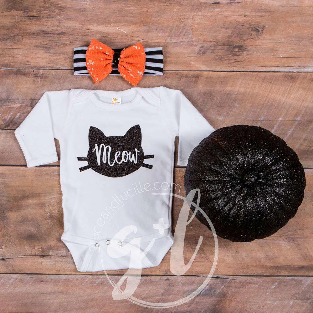 Halloween Black Cat "Meow" Long Sleeve Onesie & Orange Sequin Bow on Black Stripe Headband
