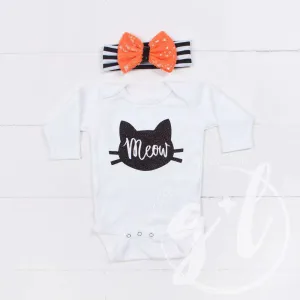 Halloween Black Cat "Meow" Long Sleeve Onesie & Orange Sequin Bow on Black Stripe Headband