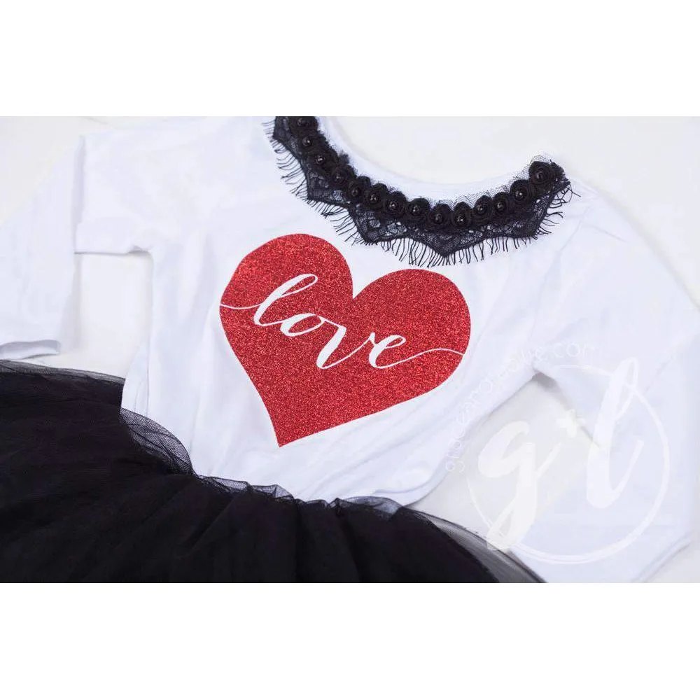 Heart Full of LOVE Bejeweled Black & White Dress Combo, Chevron Leg Warmers & White/Red Bow Headband