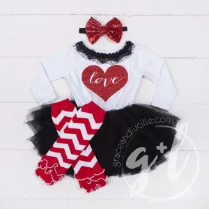 Heart Full of LOVE Bejeweled Black & White Dress Combo, Chevron Leg Warmers & White/Red Bow Headband