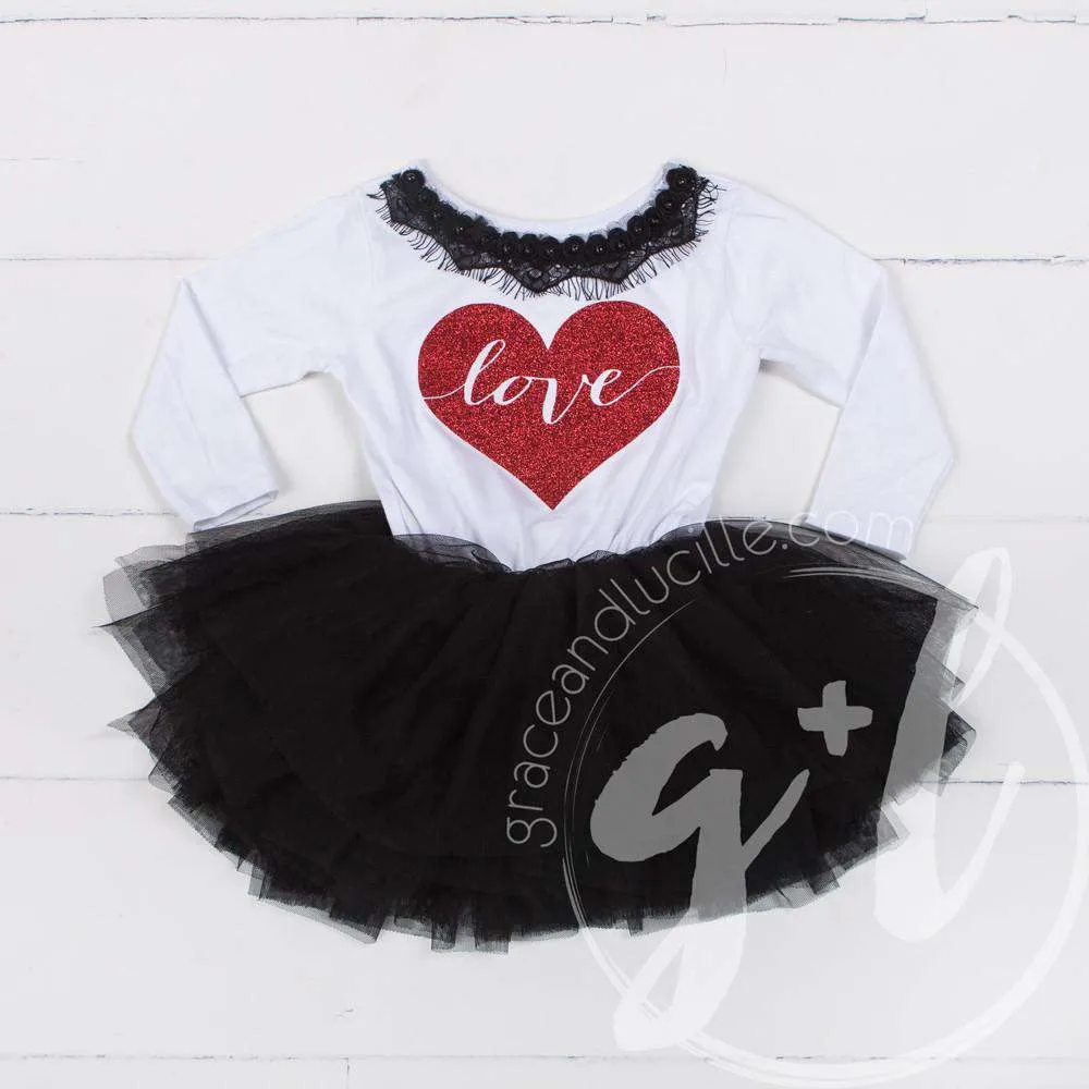 Heart Full of LOVE Bejeweled Black & White Dress Combo, Chevron Leg Warmers & White/Red Bow Headband