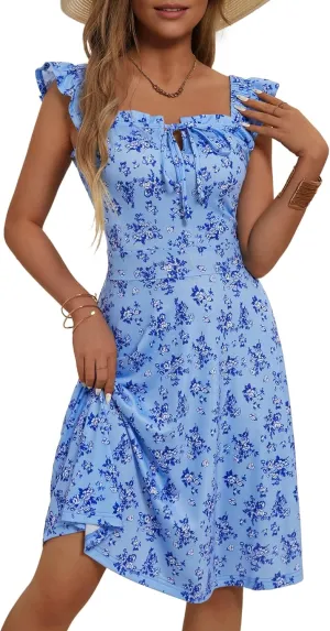 HUHOT Summer Sun Dresses for Women 2025 Adjustable Square Neck Sleeveless Midi Floral Graduation Beach Casaul Sundresses