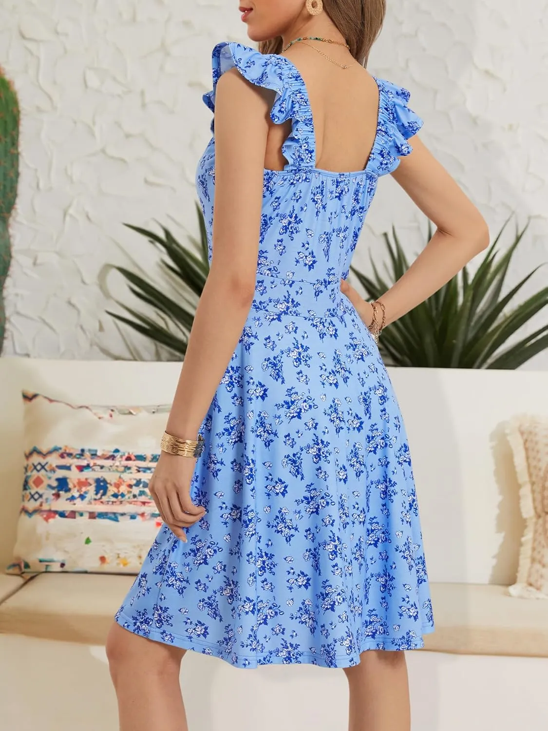 HUHOT Summer Sun Dresses for Women 2025 Adjustable Square Neck Sleeveless Midi Floral Graduation Beach Casaul Sundresses