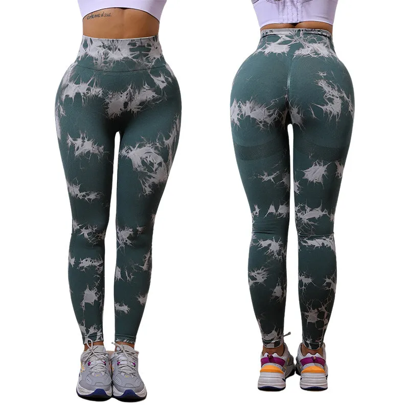Hzori Hip-Lifting Tie-Dye Yoga Pants Women's Seamless Peach Hip Sports Pants High Waist Workout