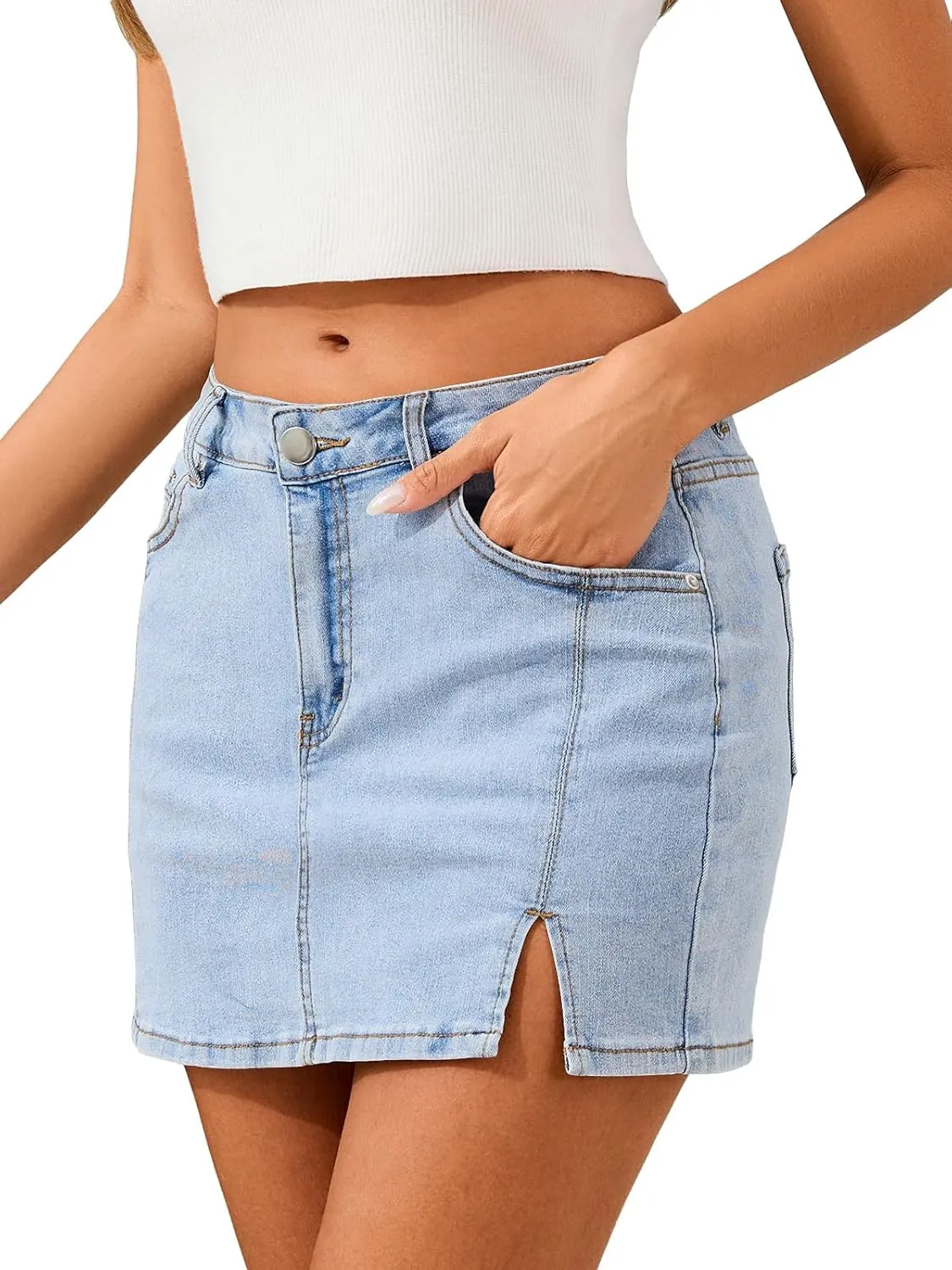 Jean Skirts for Women Stretchy Mini Skirt Side Slit with High Waisted Summer Casual Denim Skirt 2025 Trendy