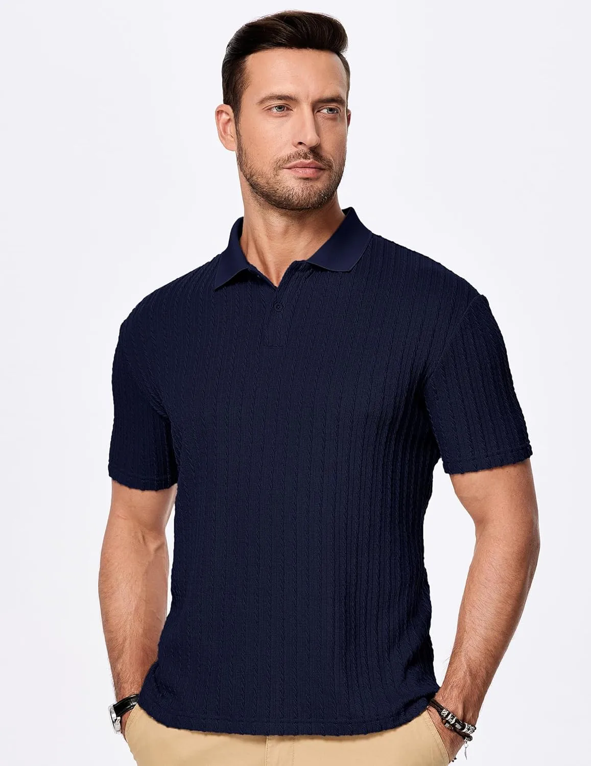 JMIERR Mens Casual Polo Shirt Summer Short Sleeve Vacation Button Beach Knit Stretchy Golf Shirts