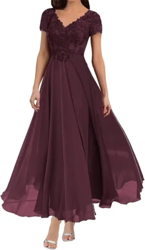 Lace Mother of The Bride Dresses for Wedding Tea Length Short Sleeve Chiffon Formal Evening Dress for Women