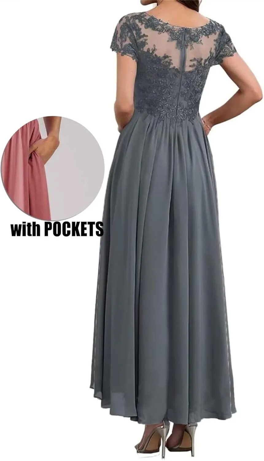 Lace Mother of The Bride Dresses for Wedding Tea Length Short Sleeve Chiffon Formal Evening Dress for Women