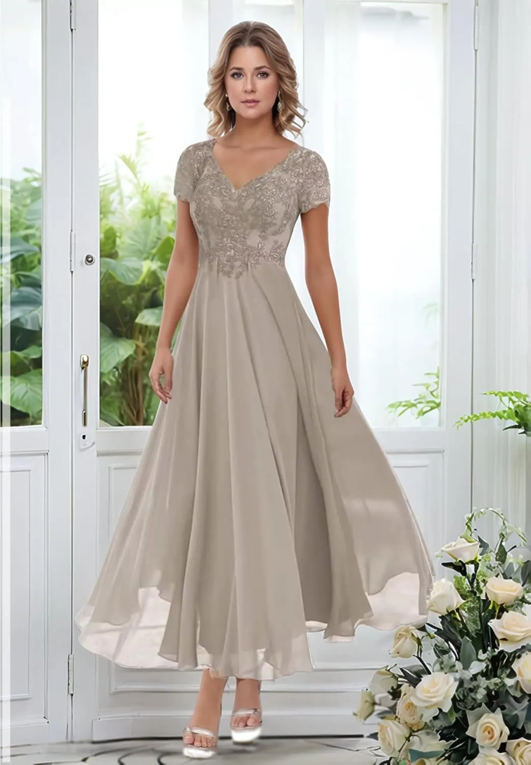 Lace Mother of The Bride Dresses for Wedding Tea Length Short Sleeve Chiffon Formal Evening Dress for Women
