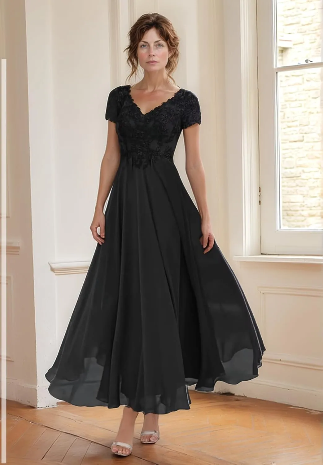 Lace Mother of The Bride Dresses for Wedding Tea Length Short Sleeve Chiffon Formal Evening Dress for Women