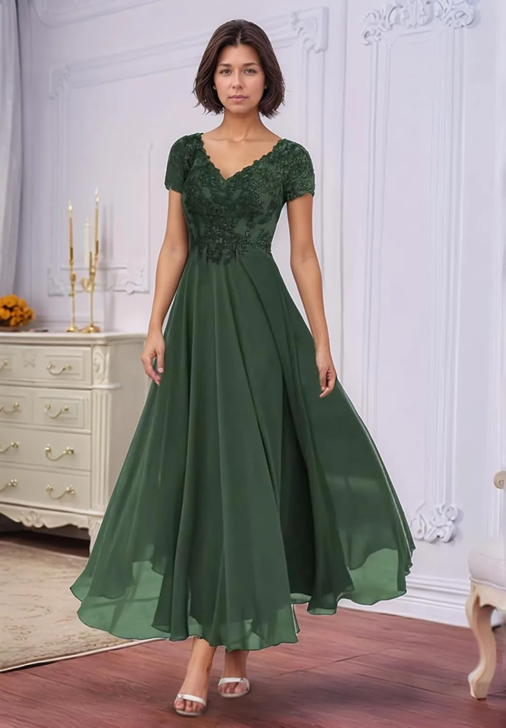 Lace Mother of The Bride Dresses for Wedding Tea Length Short Sleeve Chiffon Formal Evening Dress for Women
