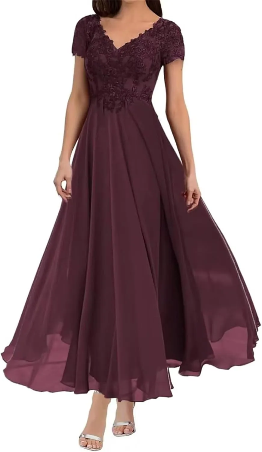 Lace Mother of The Bride Dresses for Wedding Tea Length Short Sleeve Chiffon Formal Evening Dress for Women
