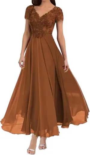Lace Mother of The Bride Dresses for Wedding Tea Length Short Sleeve Chiffon Formal Evening Dress for Women