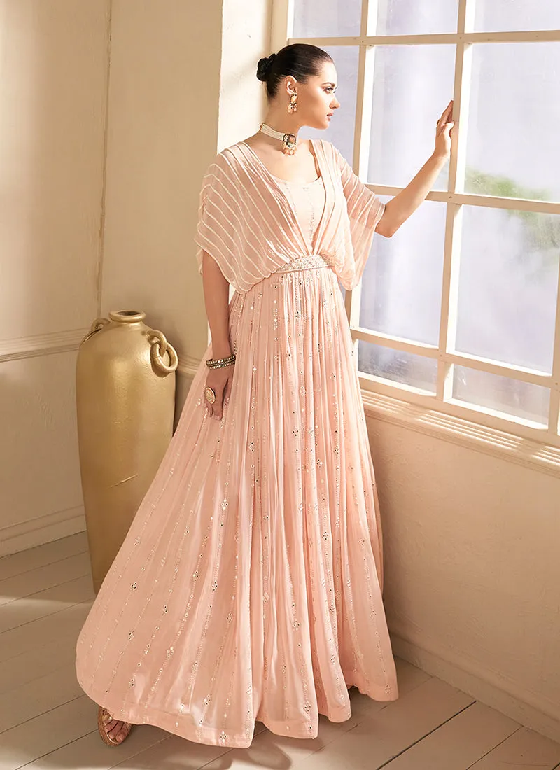 Light Peach Mirror Work Embroidery Festive Anarkali Gown