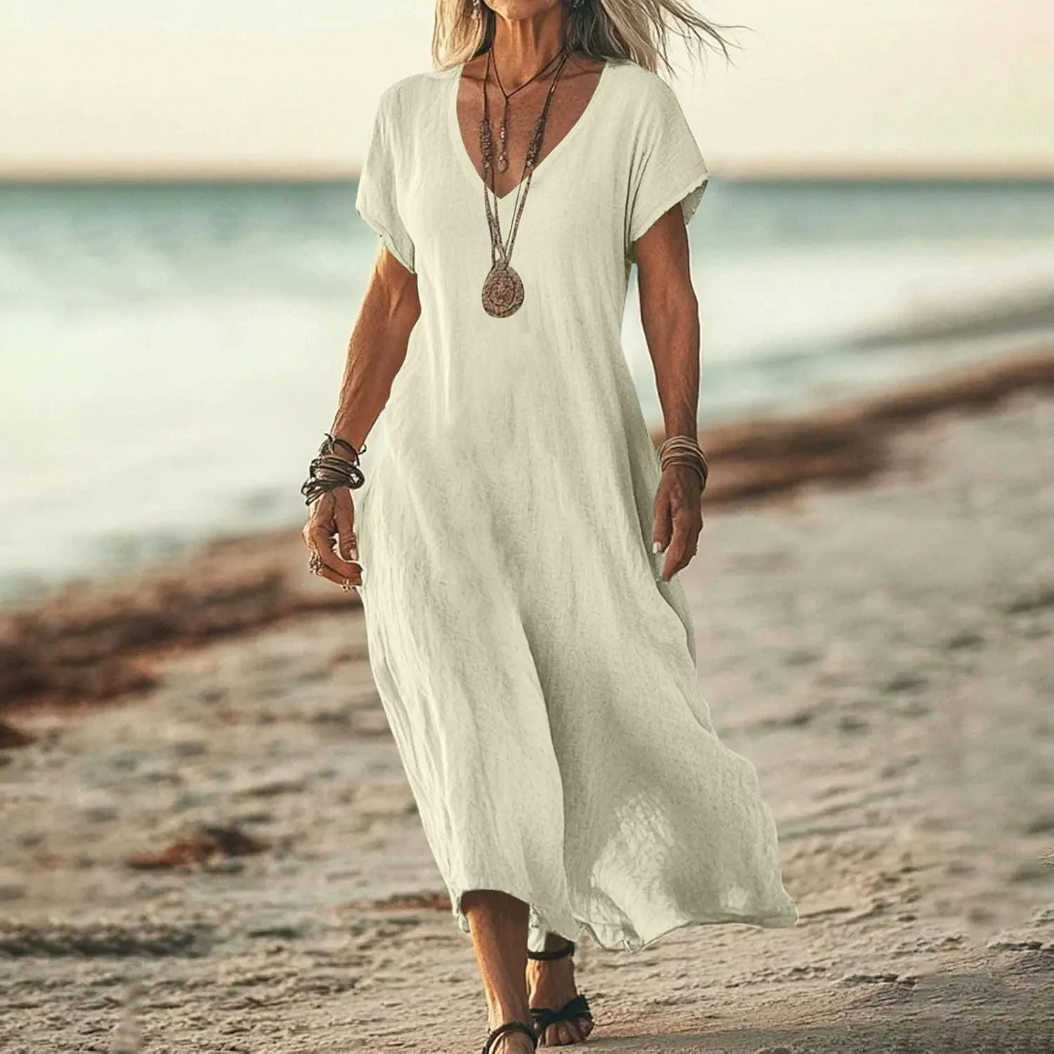 Linen Dresses for Women 2025 Trendy Flowy Sundresses Loose Fit Cotton Maxi Dress Summer Beach Vacation Casual Dress