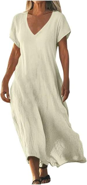 Linen Dresses for Women 2025 Trendy Flowy Sundresses Loose Fit Cotton Maxi Dress Summer Beach Vacation Casual Dress