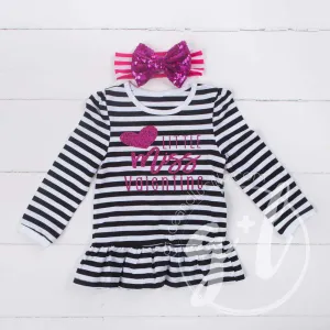 Little Miss Valentine Ruffled Hem Striped Top & Magenta Bow Headband