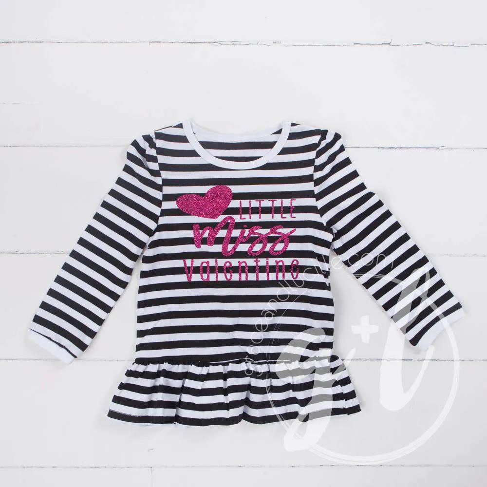 Little Miss Valentine Ruffled Hem Striped Top & Magenta Bow Headband