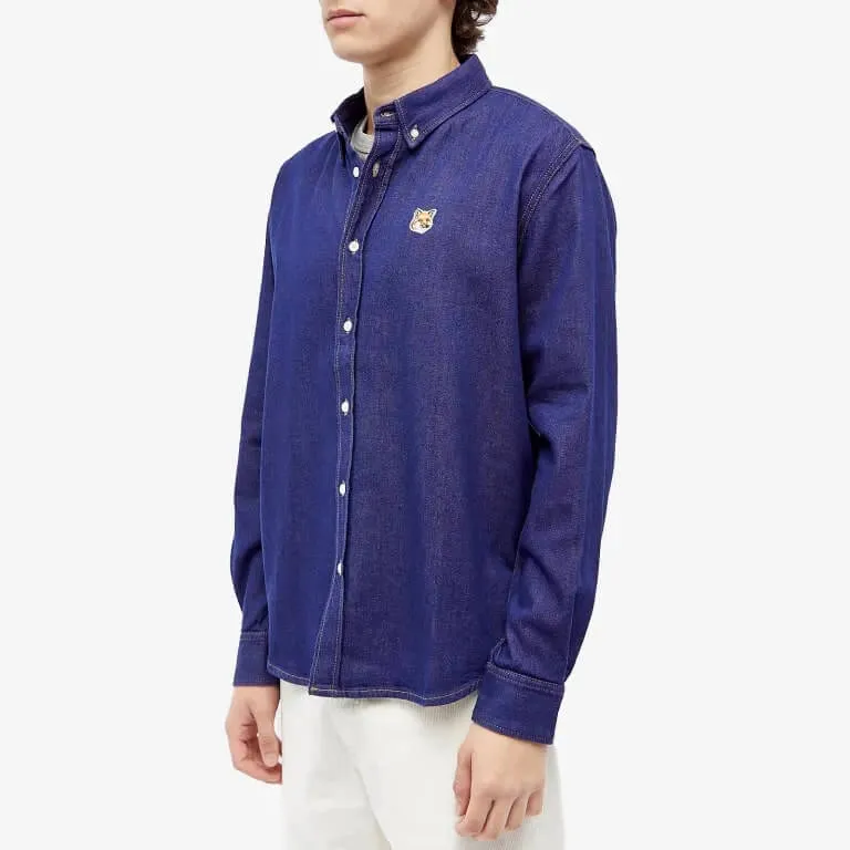 Maison Kitsune Fox Head Patch Shirt, blue