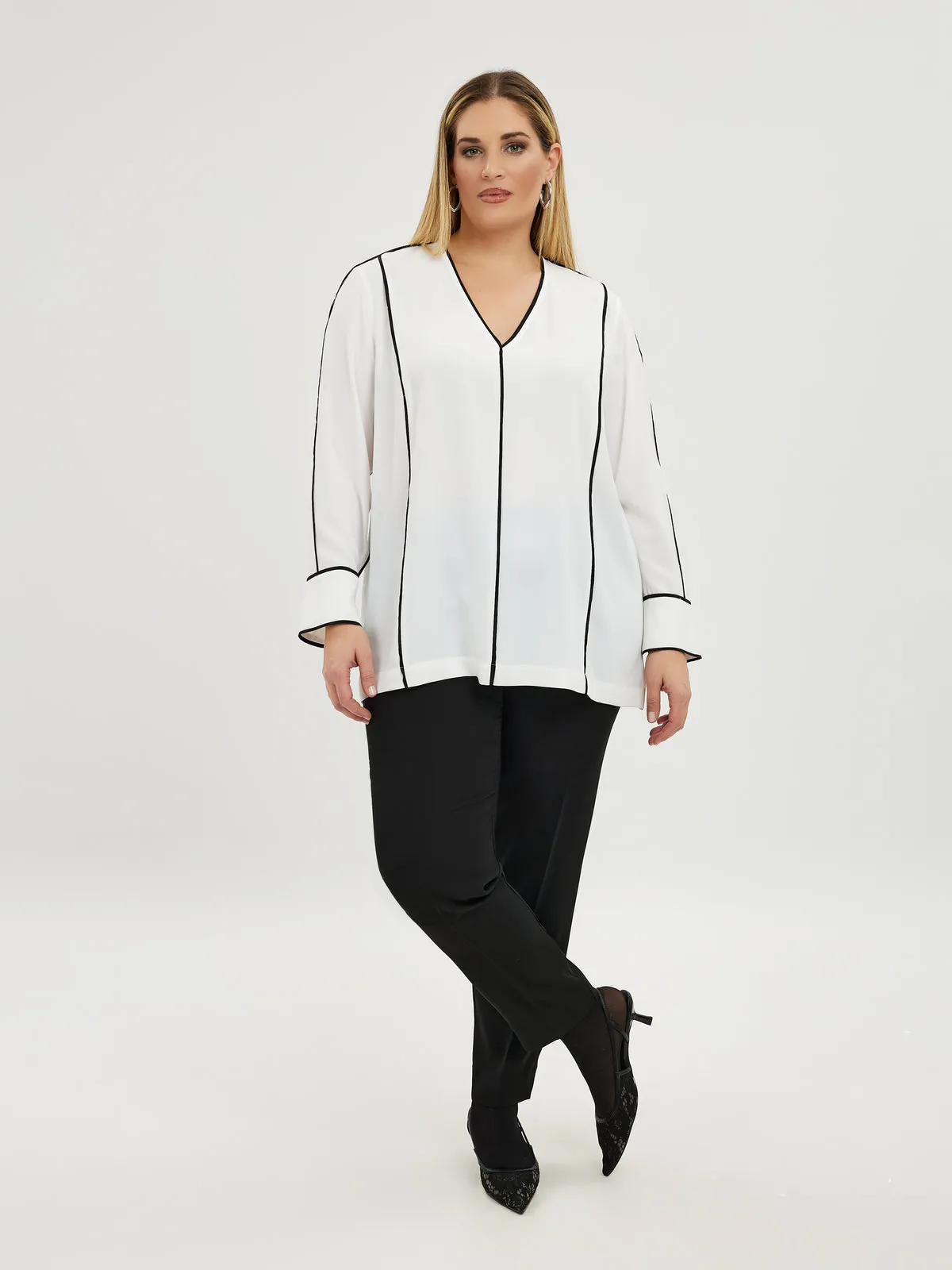 Mat White Blouse with Black Piping