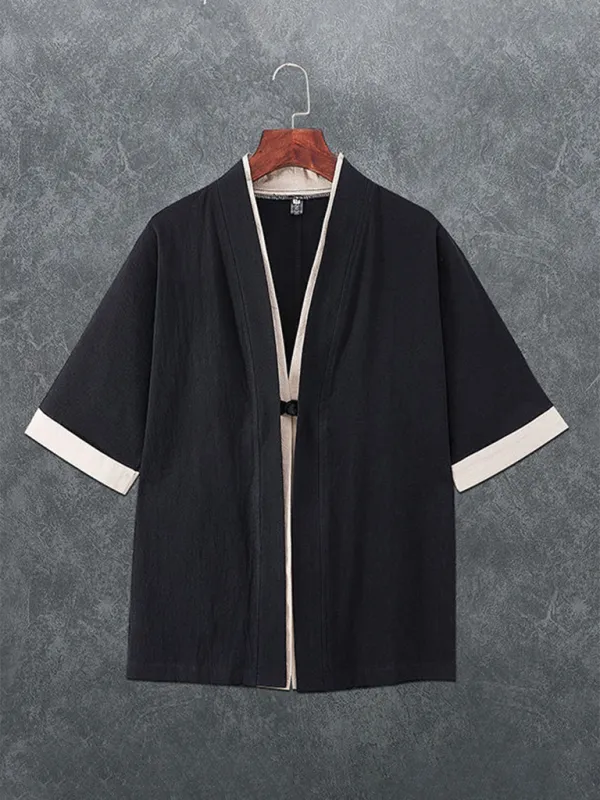 Men's casual solid color disc button casual linen T-shirt