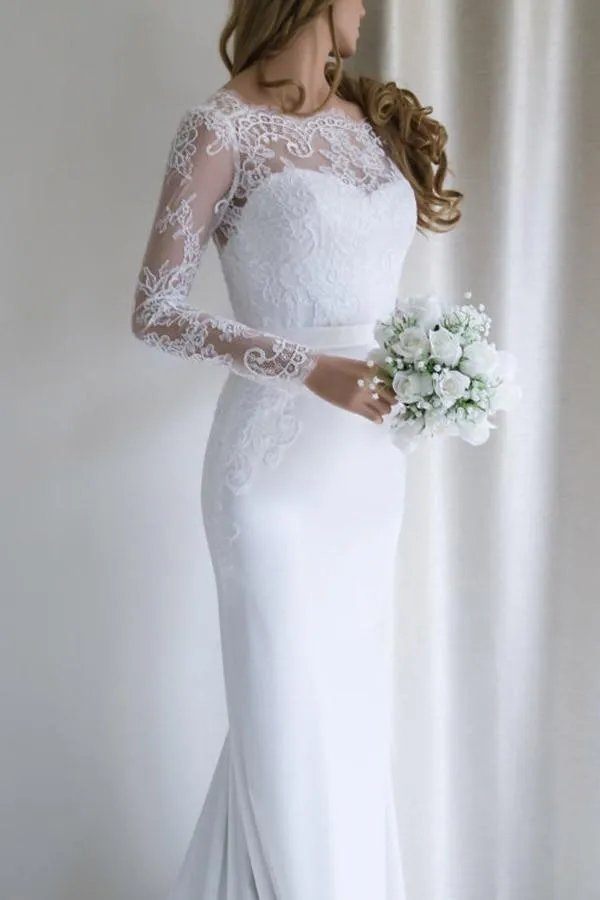 Mermaid Long Sleeve White Lace Wedding Dress Elegant Bridal Gown