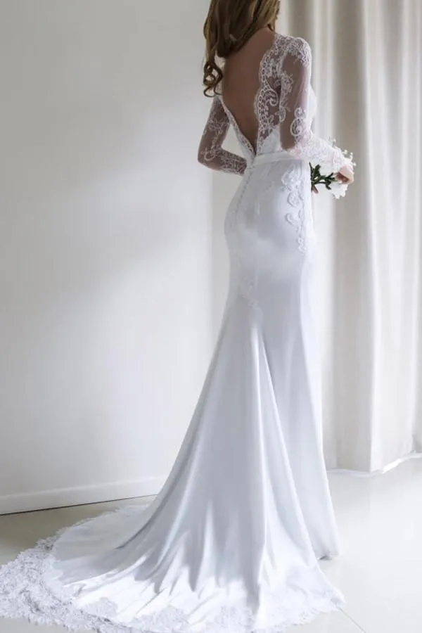Mermaid Long Sleeve White Lace Wedding Dress Elegant Bridal Gown
