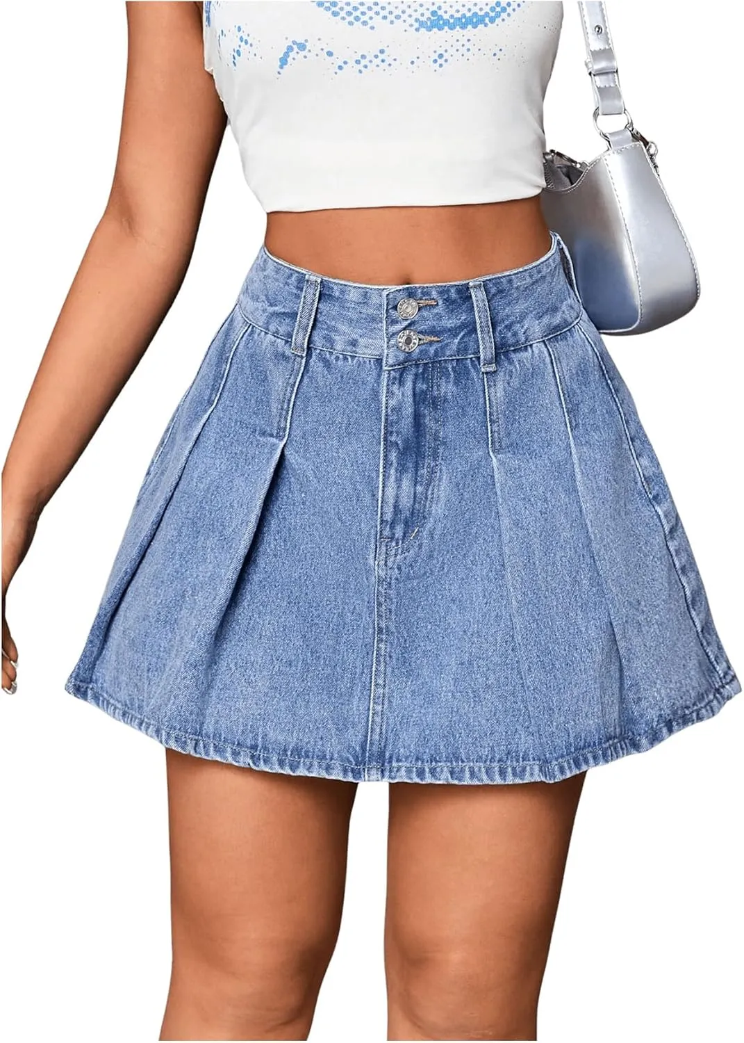 Milumia Women's Pleated Denim Skirt Trendy High Waisted Mini Jean Skater Skirts