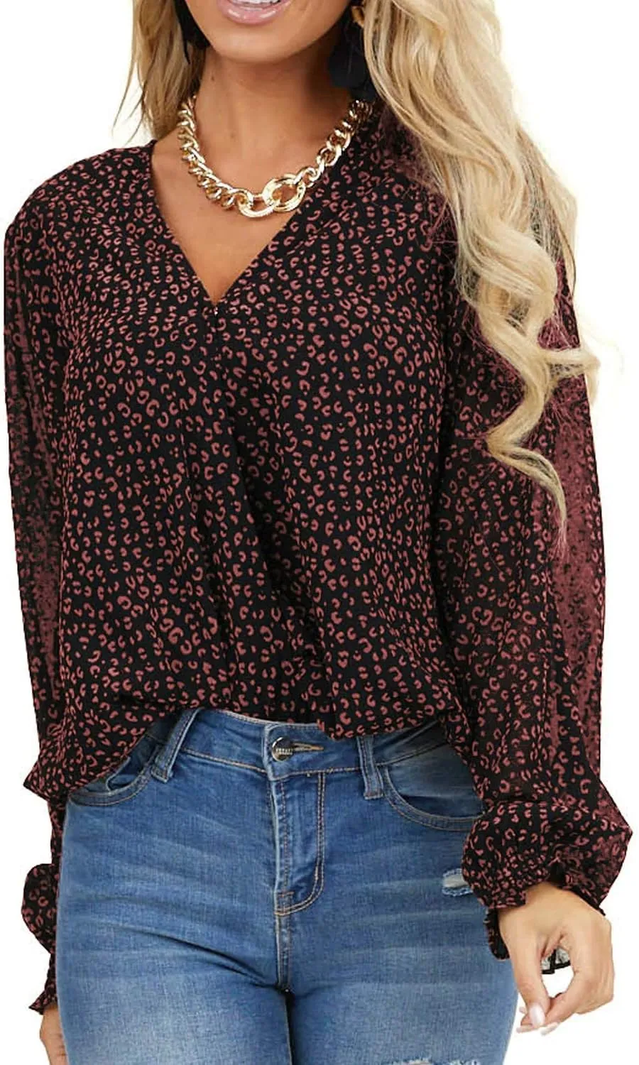 MLEBR Womens Blouses Fashion Long Sleeve V Neck Loose Casual Floral Leopard Printed Chiffon Blouses Tops and T Shirts