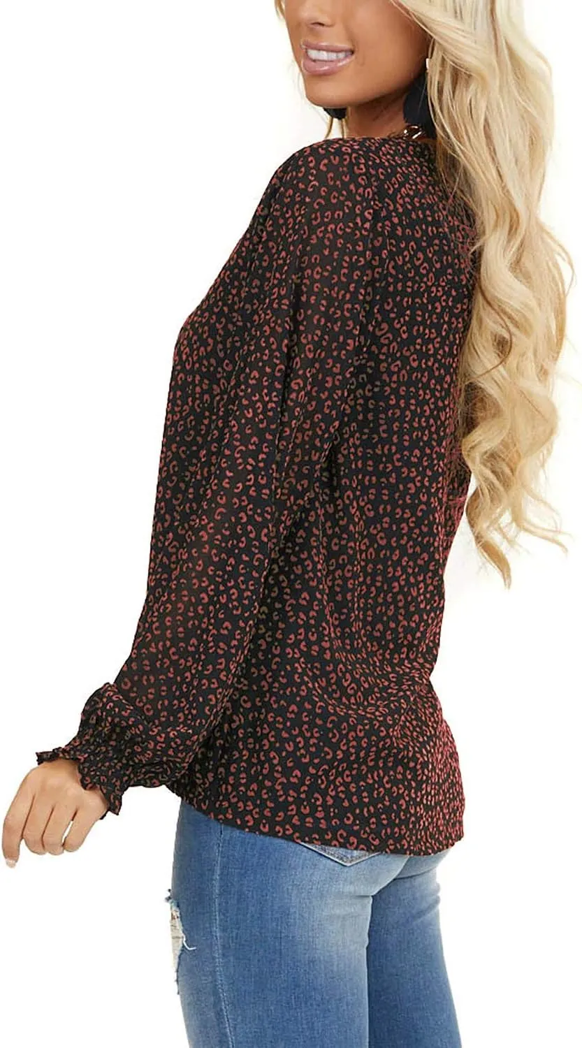 MLEBR Womens Blouses Fashion Long Sleeve V Neck Loose Casual Floral Leopard Printed Chiffon Blouses Tops and T Shirts