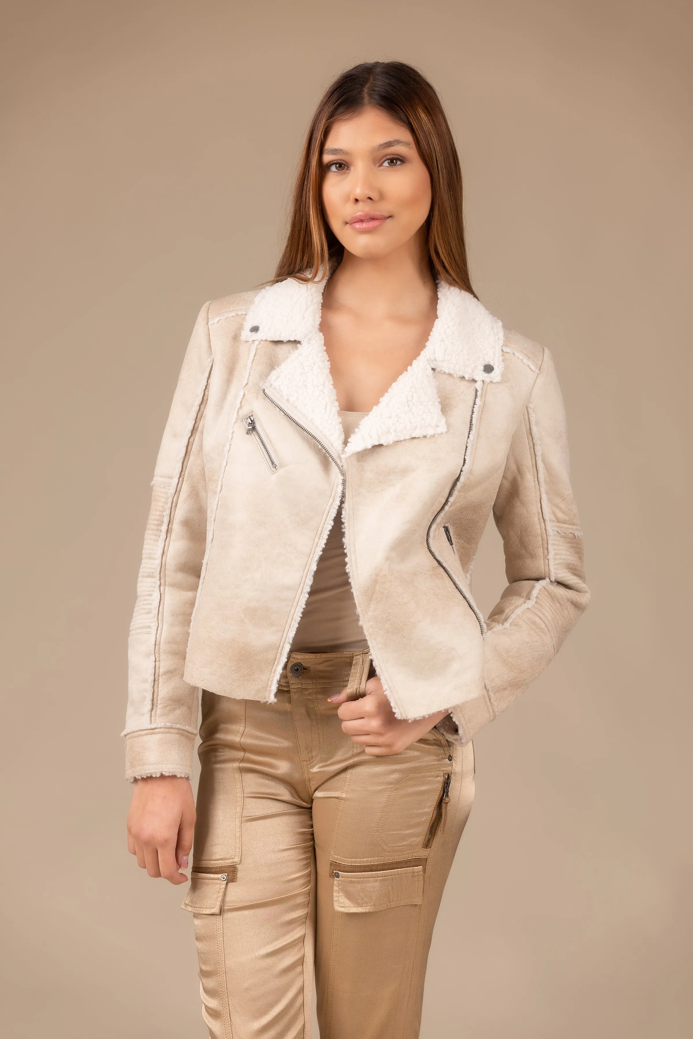 Molly Distressed Scuba Suede Sherpa Coat