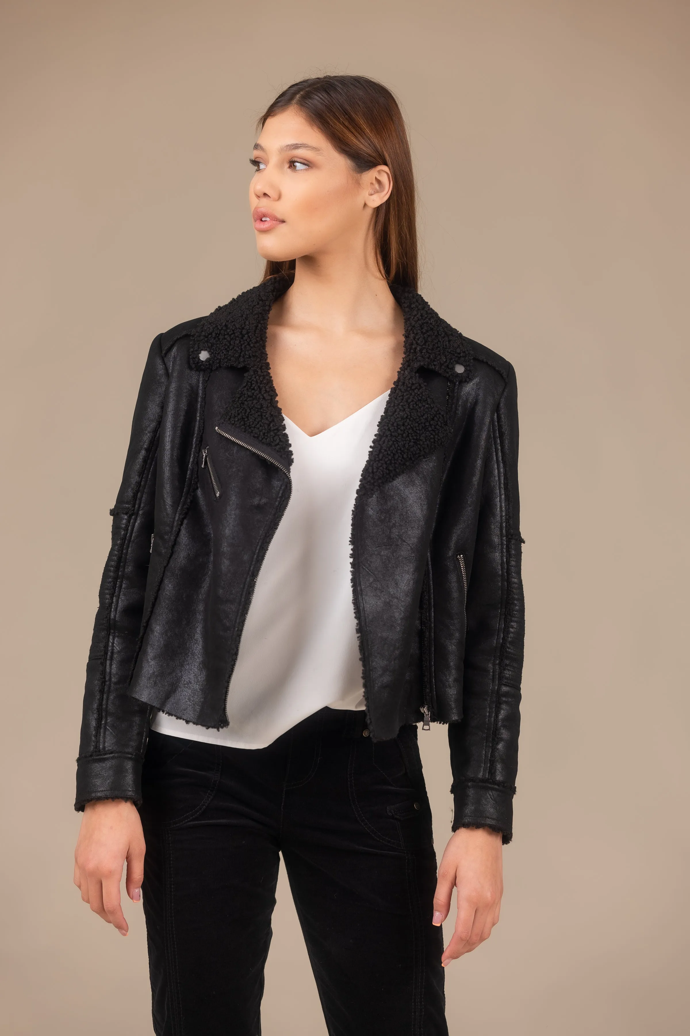 Molly Distressed Scuba Suede Sherpa Coat
