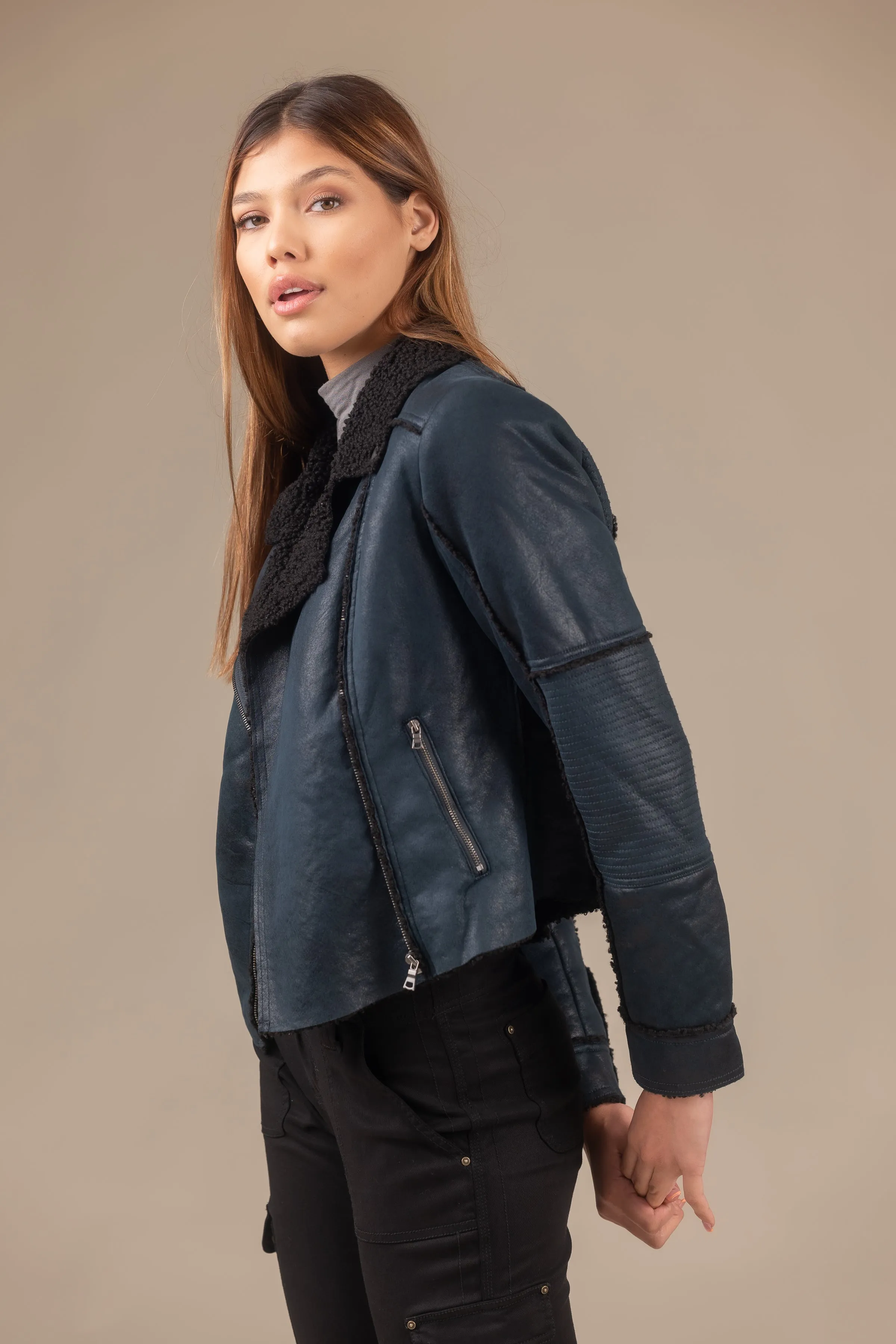 Molly Distressed Scuba Suede Sherpa Coat