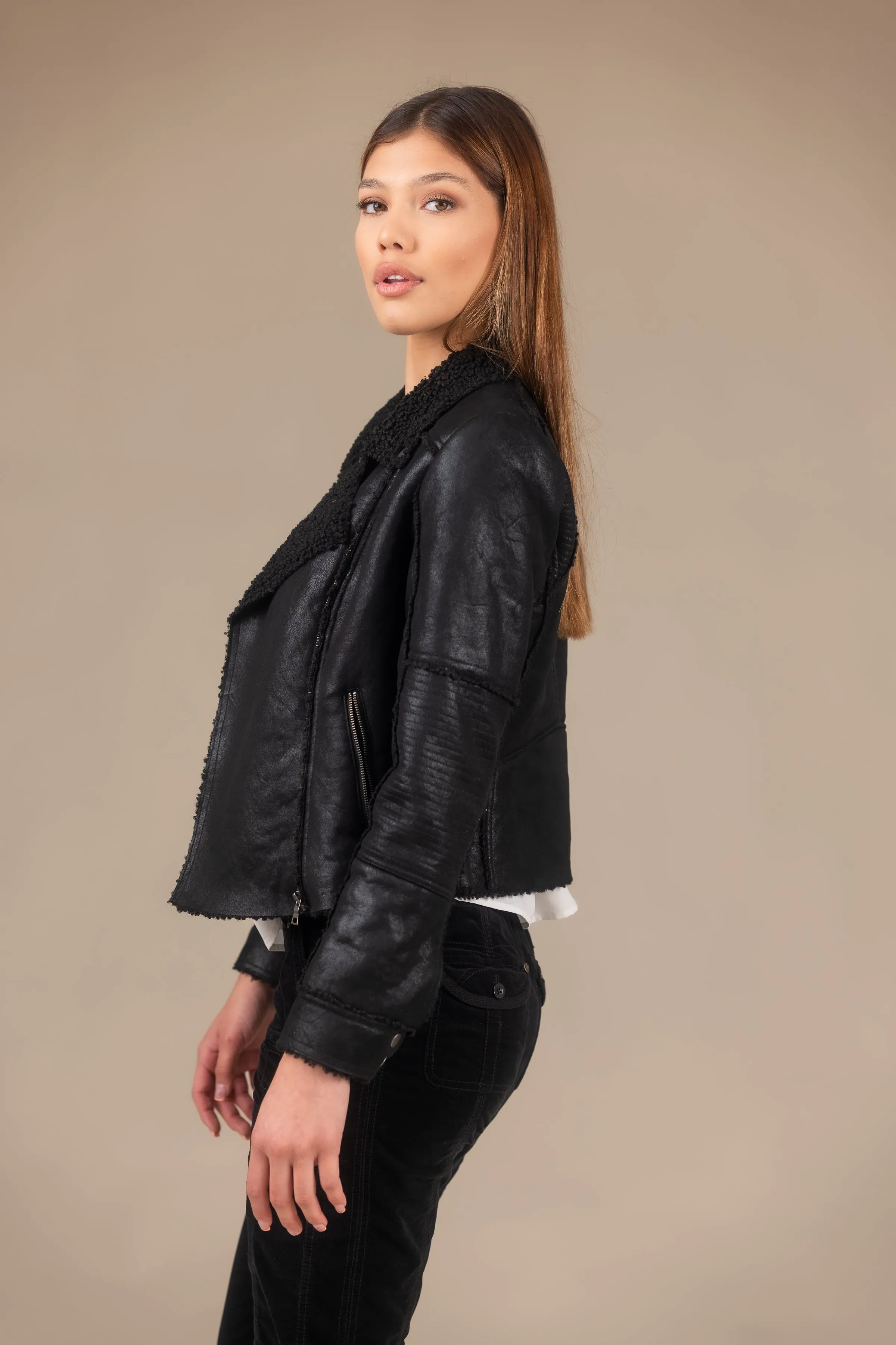 Molly Distressed Scuba Suede Sherpa Coat
