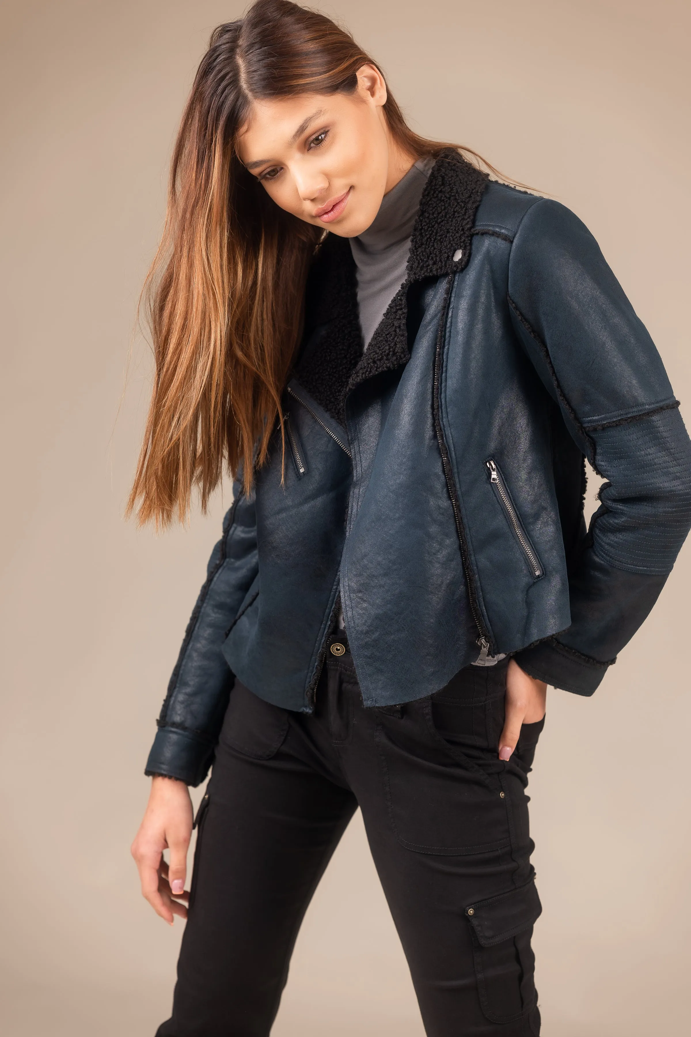 Molly Distressed Scuba Suede Sherpa Coat