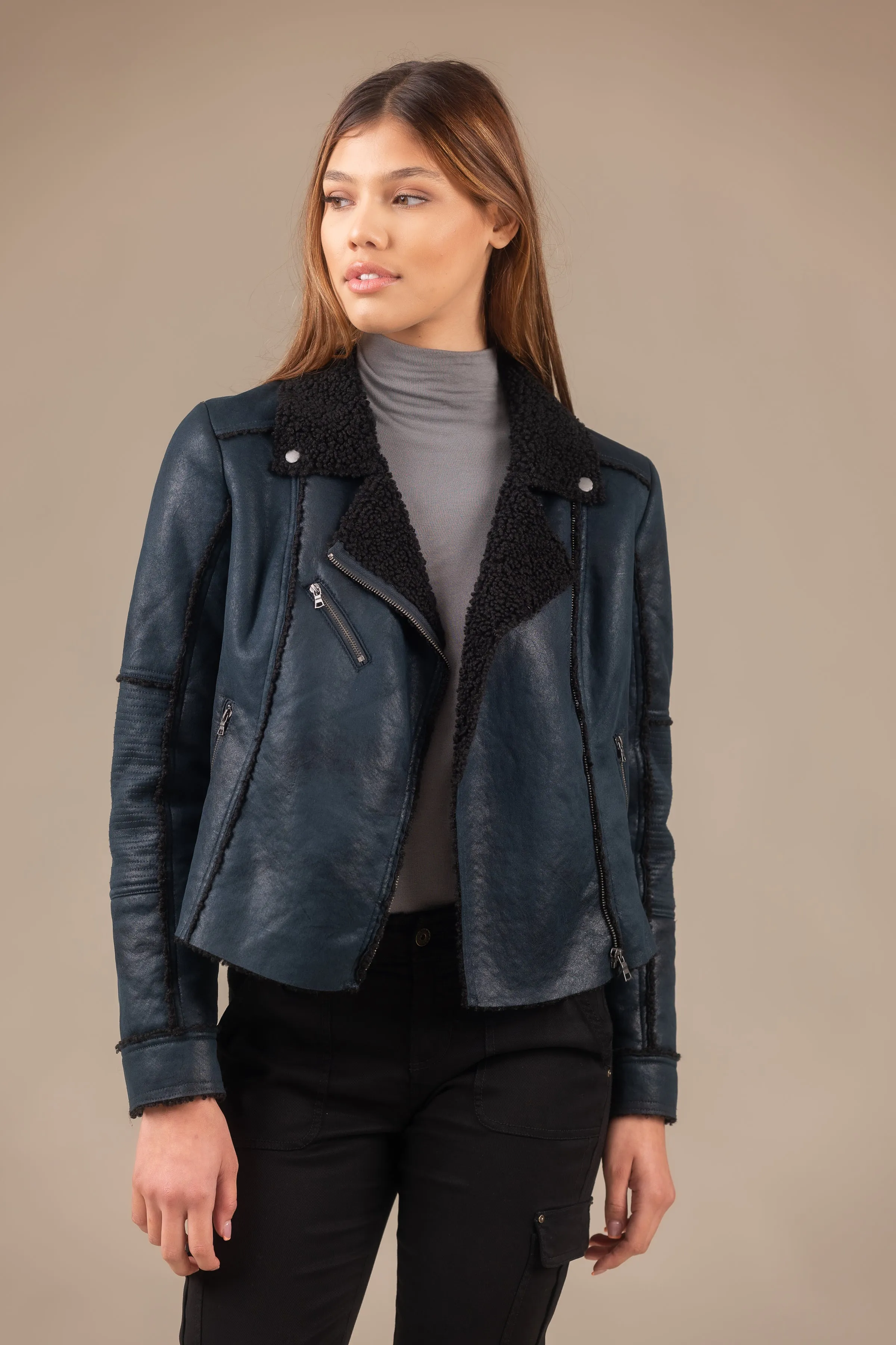 Molly Distressed Scuba Suede Sherpa Coat