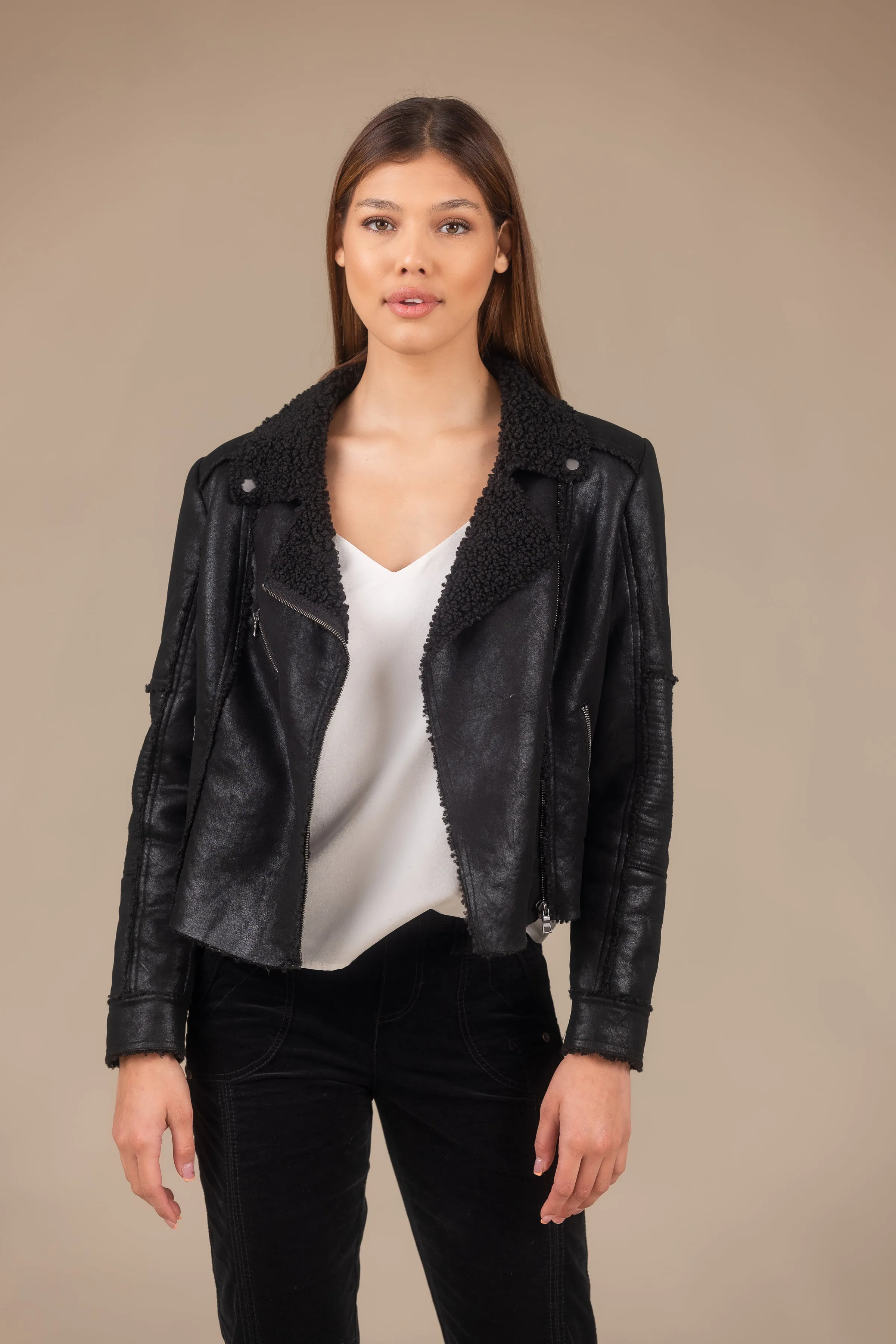Molly Distressed Scuba Suede Sherpa Coat