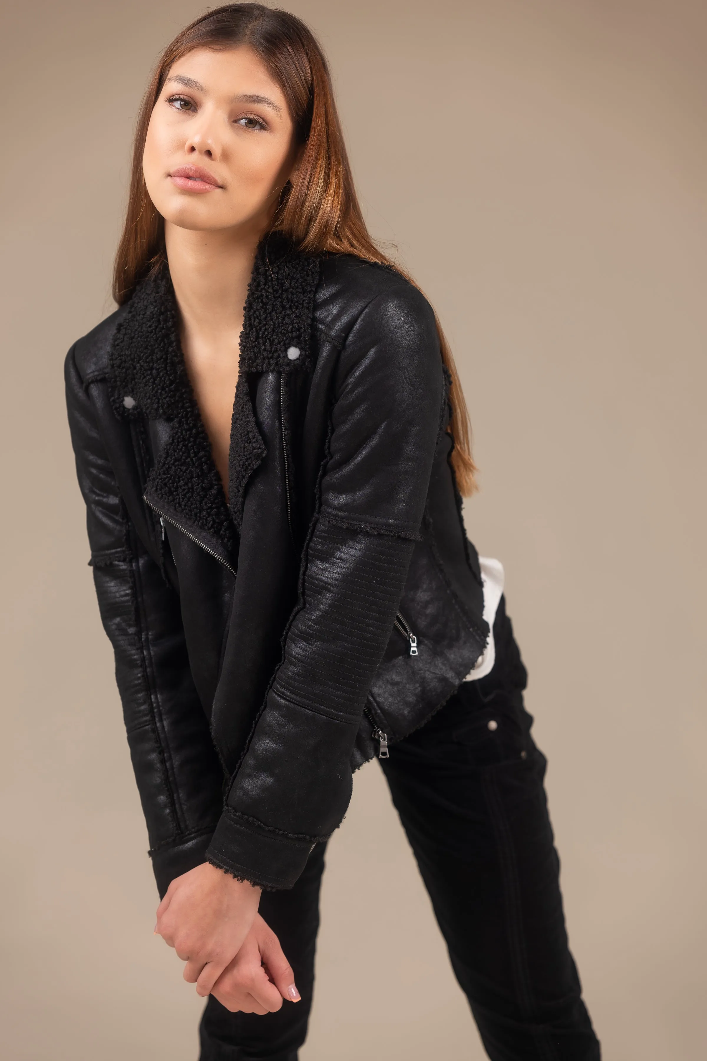 Molly Distressed Scuba Suede Sherpa Coat