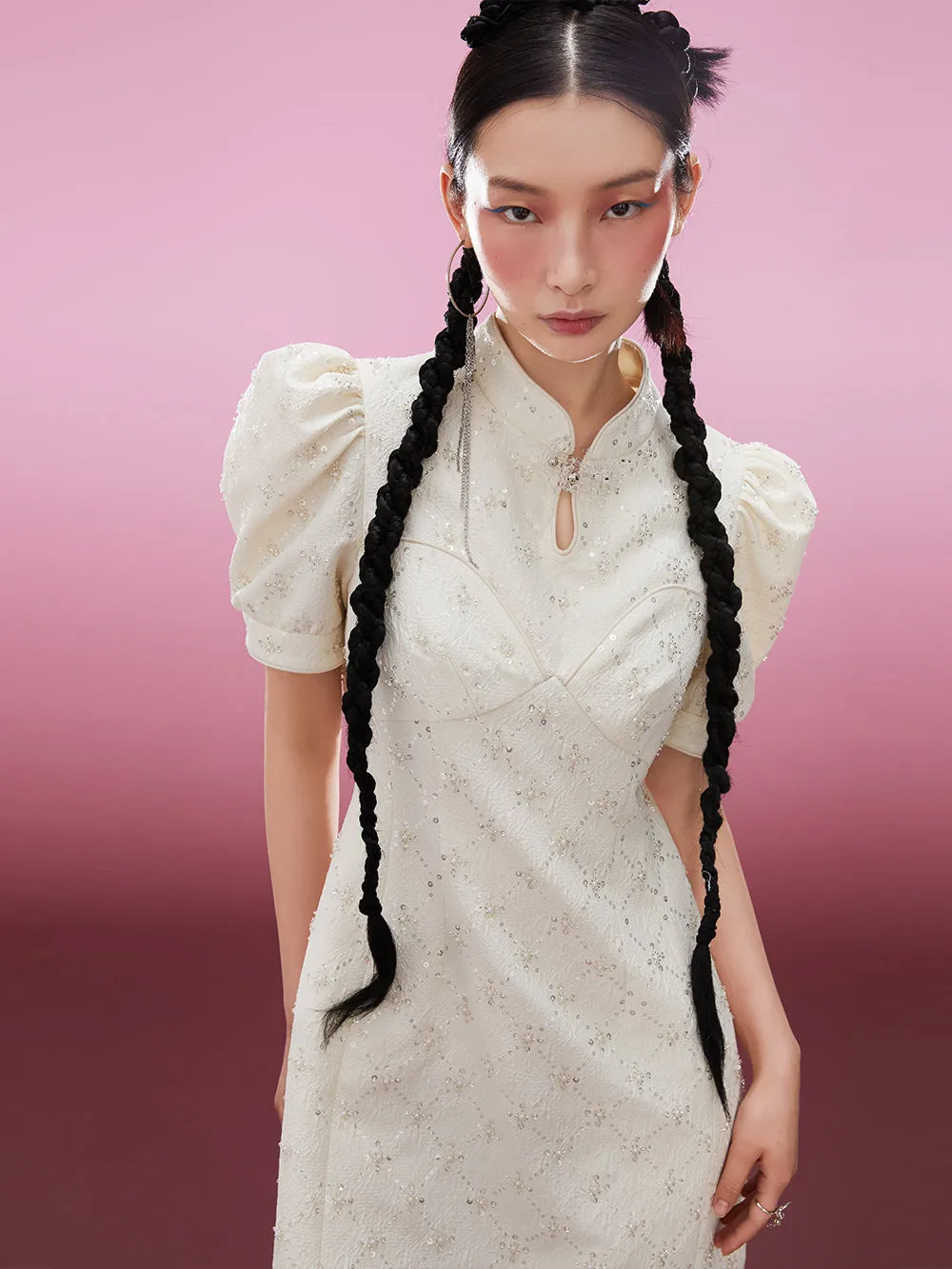 MUKZIN Elegant Classic Vintage Cheongsam Dress Embroidered Jacquard