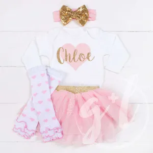 My Sweet Heart "NAME" Onesie Pink & Gold Combo Outfit, Pink Tutu, Pink Heart Leg Warmers
