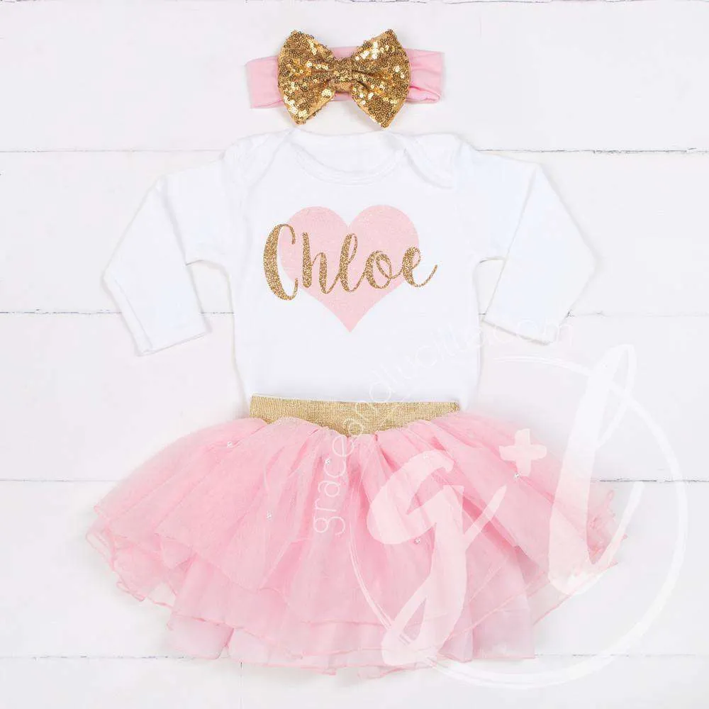 My Sweet Heart "NAME" Onesie Pink & Gold Combo Outfit, Pink Tutu, Pink Heart Leg Warmers