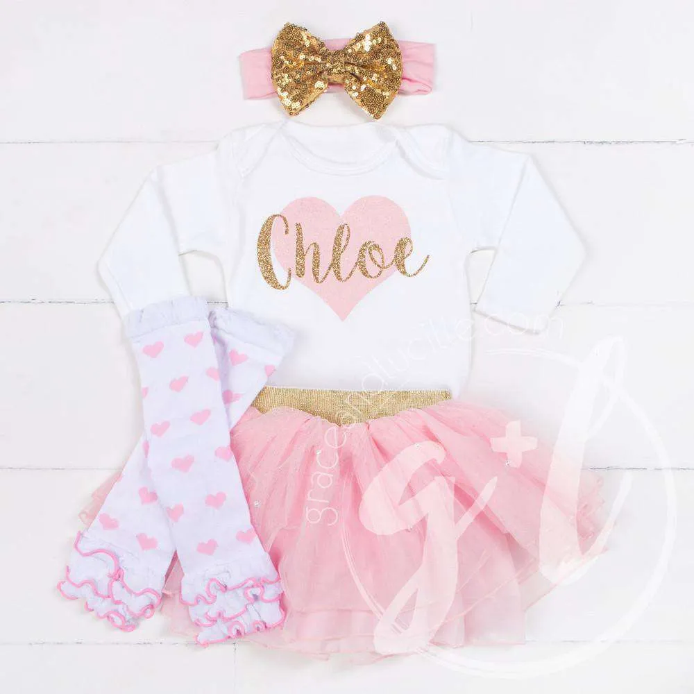 My Sweet Heart "NAME" Onesie Pink & Gold Combo Outfit, Pink Tutu, Pink Heart Leg Warmers