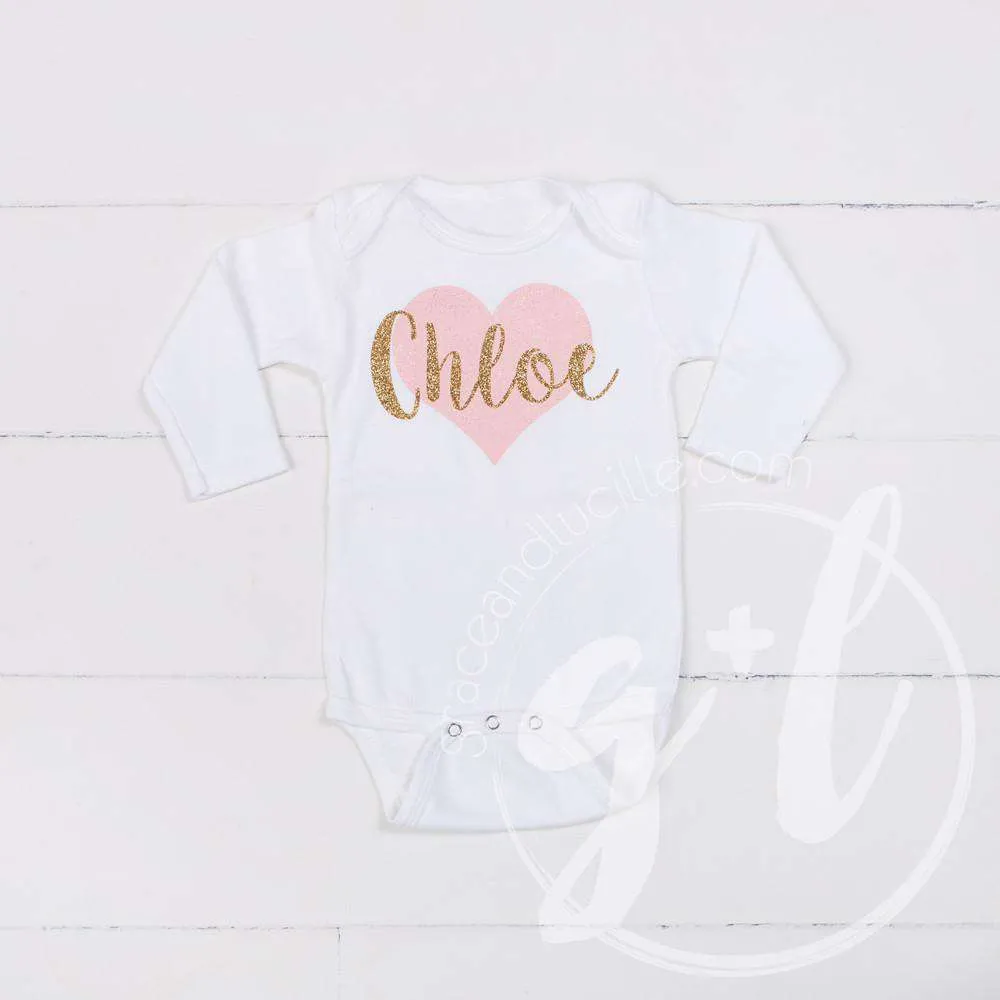 My Sweet Heart "NAME" Onesie Pink & Gold Combo Outfit, Pink Tutu, Pink Heart Leg Warmers