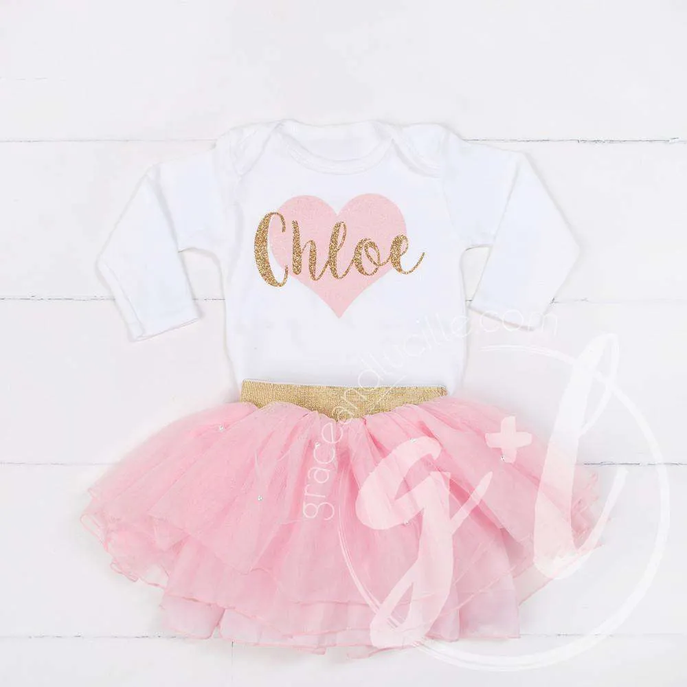 My Sweet Heart "NAME" Onesie Pink & Gold Combo Outfit, Pink Tutu, Pink Heart Leg Warmers