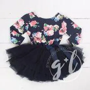 Navy Floral Long Sleeve Tutu Party Dress