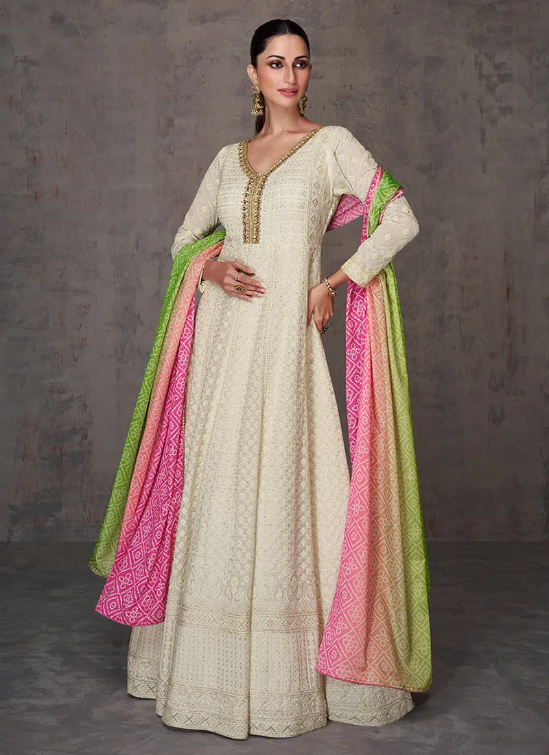 Off White Lucknowi Mirror Work Embroidery Anarkali Gown