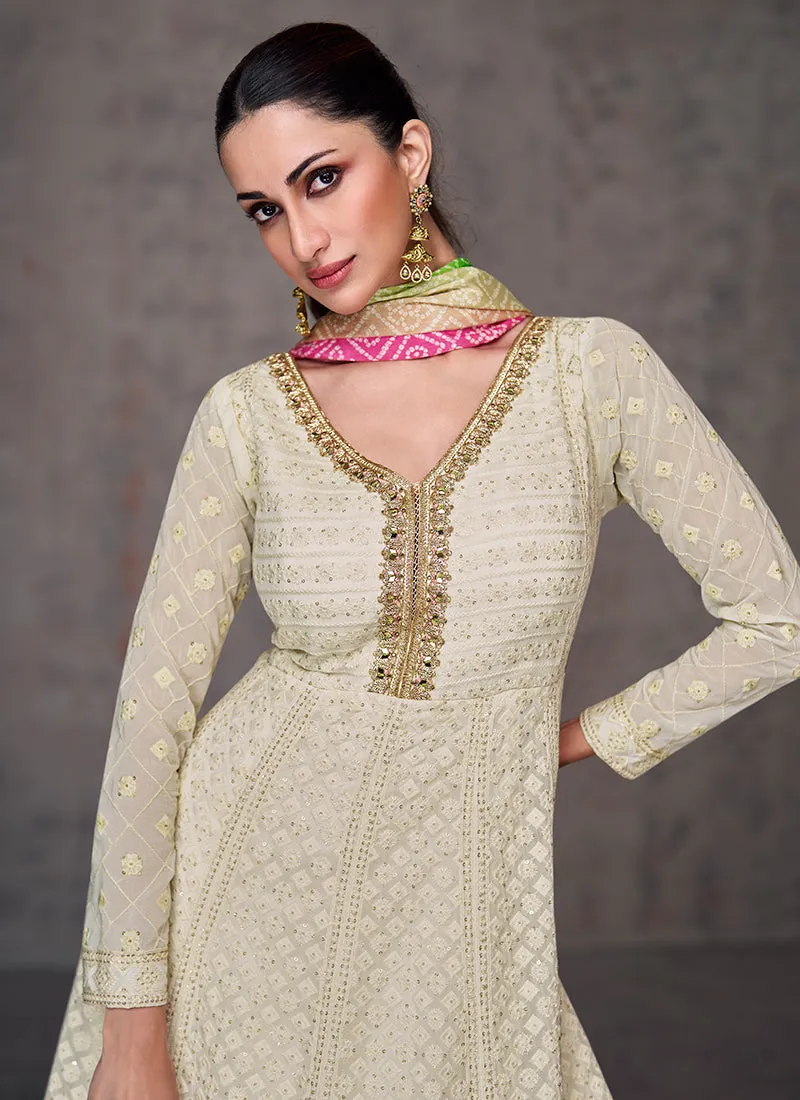 Off White Lucknowi Mirror Work Embroidery Anarkali Gown